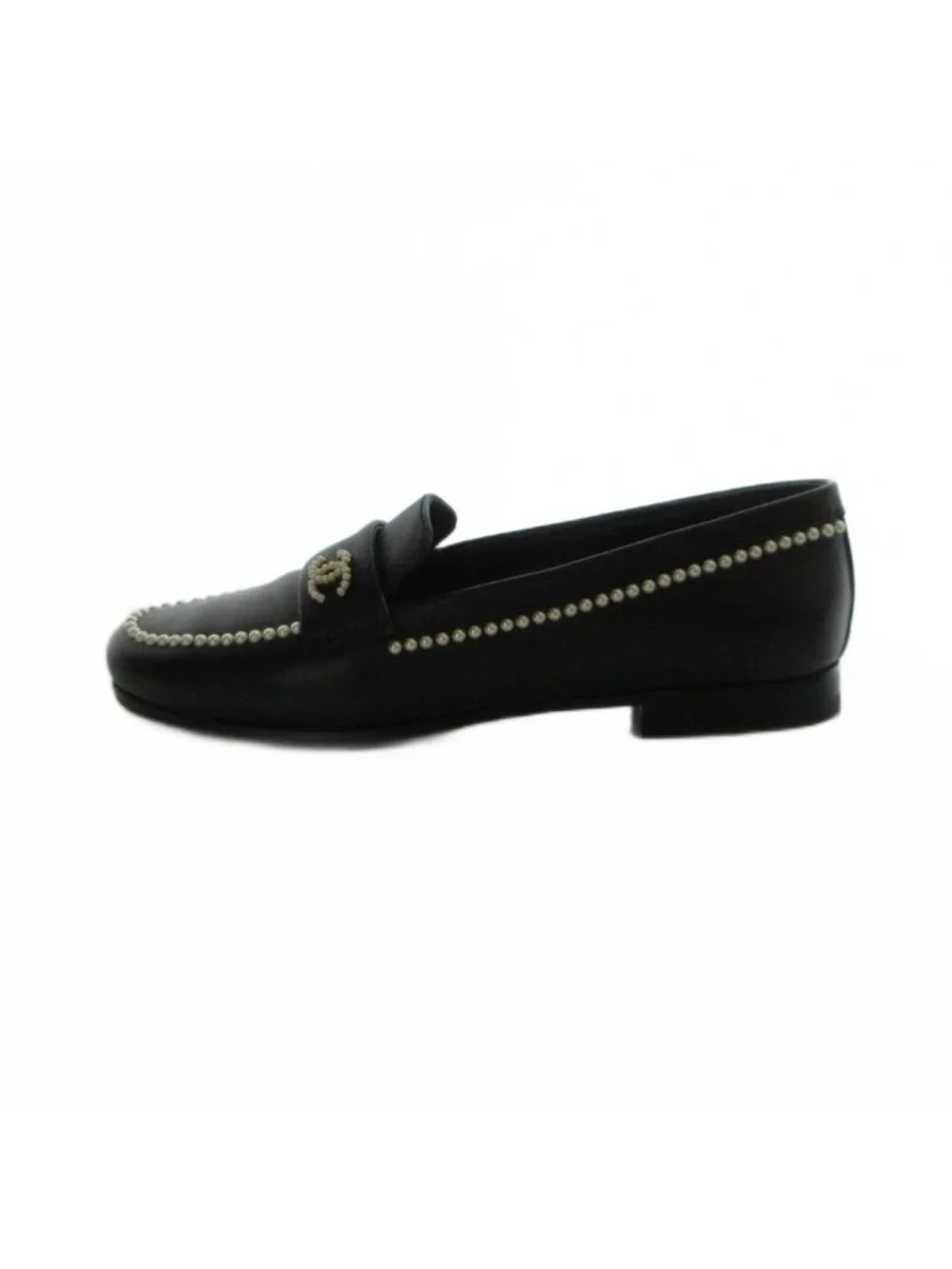 Chanel Loafers Moccasins CC Logo Faux Pearl Leather 34 Black